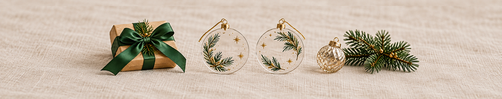 Christmas ornaments and gift box panoramic banner