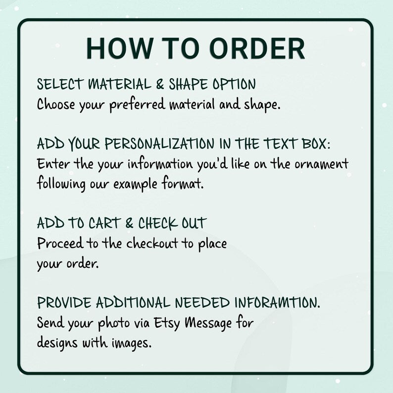 A teal-bordered graphic with the title "HOW TO ORDER" and instructions for ordering personalized items. Steps include selecting material and shape, adding personalization, adding to cart, and providing additional information.