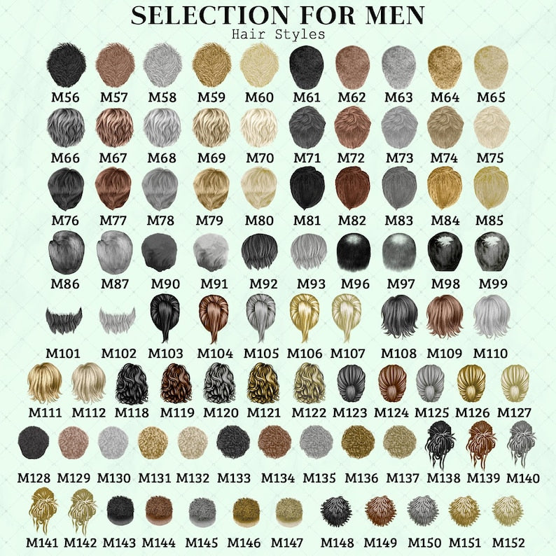 A digital chart titled SELECTION FOR MEN Hair Styles displaying a grid of various illustrated hairstyles in different colors and textures, each labeled with a unique code from M56 to M152 for identification and selection purposes.