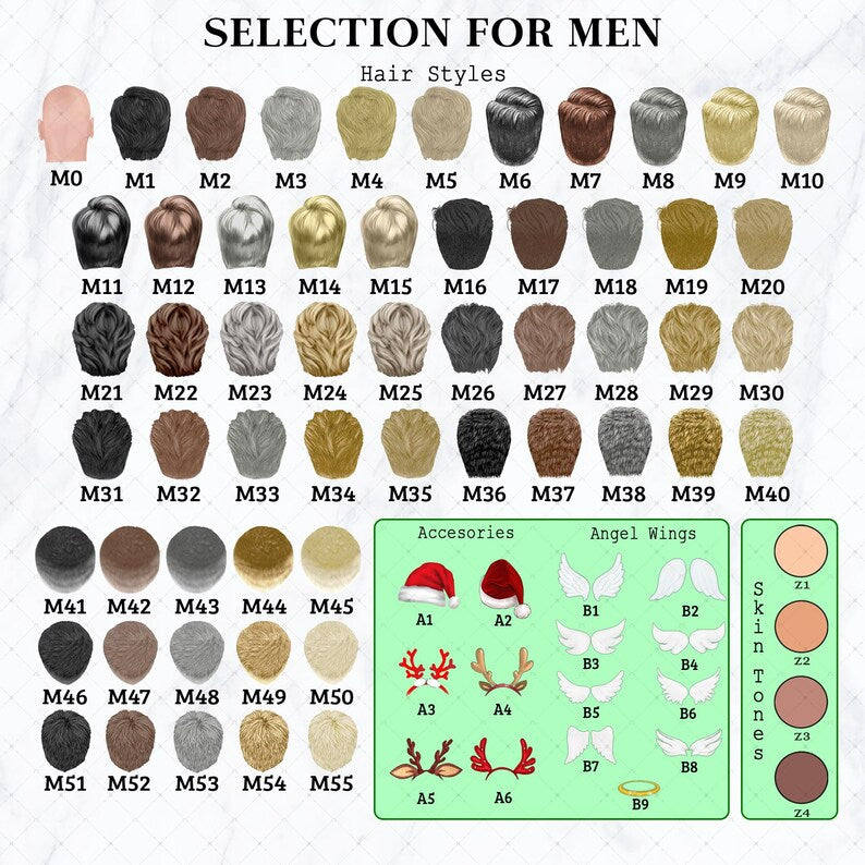 A digital chart titled SELECTION FOR MEN displaying various illustrated hair styles labeled M0 through M55, accessories labeled A1 through A6, angel wings labeled B1 through B8, a halo labeled B9.
