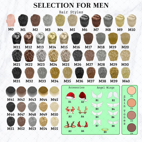A digital chart titled SELECTION FOR MEN displaying various illustrated hair styles labeled M0 through M55, accessories labeled A1 through A6, angel wings labeled B1 through B8, a halo labeled B9.