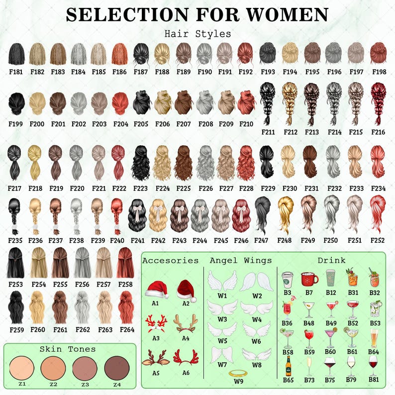 A digital chart titled SELECTION FOR WOMEN displaying various hair styles labeled F181 through F264, skin tones Z1 to Z4, accessories A1 to A6, angel wings W1 to W9, and drink options B3 to B81.