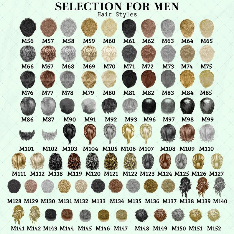 A digital chart titled SELECTION FOR MEN Hair Styles displaying a grid of various illustrated hairstyles in different colors and textures, each labeled with a unique code from M56 to M152 for identification and selection purposes.
