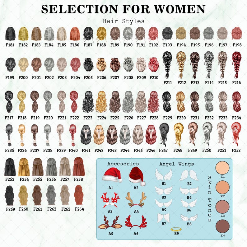 A digital chart titled SELECTION FOR WOMEN Hair Styles displaying various illustrated hairstyles labeled F181 through F264, plus a section for Accessories, Angel Wings, and Skin Tones Z1 through Z4 with corresponding icons.