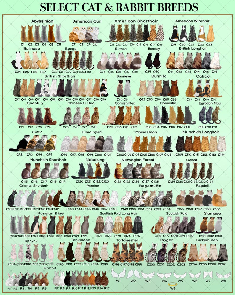 A chart titled SELECT CAT & RABBIT BREEDS displaying numerous illustrated cat and rabbit figures viewed from behind, organized by breed with corresponding alphanumeric codes ranging from C1 to C207 and R1 to R15, plus wing icons.
