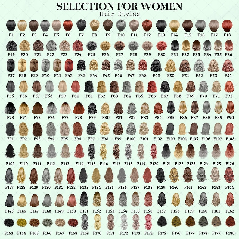 A digital chart titled SELECTION FOR WOMEN Hair Styles, displaying 180 numbered illustrations of various hair colors, lengths, and textures, arranged in a grid on a light green background for customization purposes.