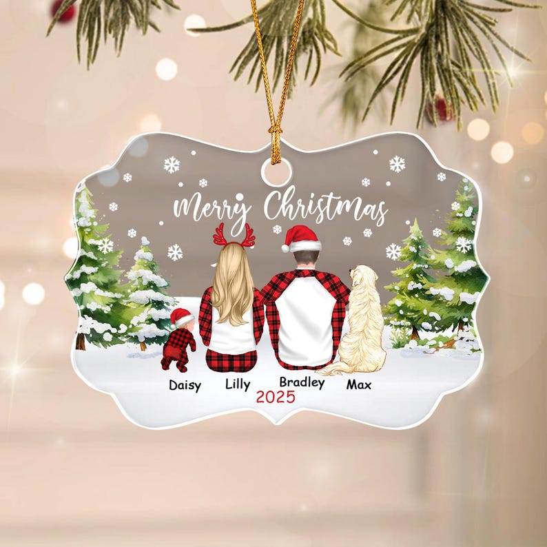 A scalloped-edge Christmas ornament featuring a family illustration with the text Merry Christmas and 2025. The design shows a child, a woman, a man, and a dog in a snowy forest setting with names Daisy, Lilly, Bradley, and Max.