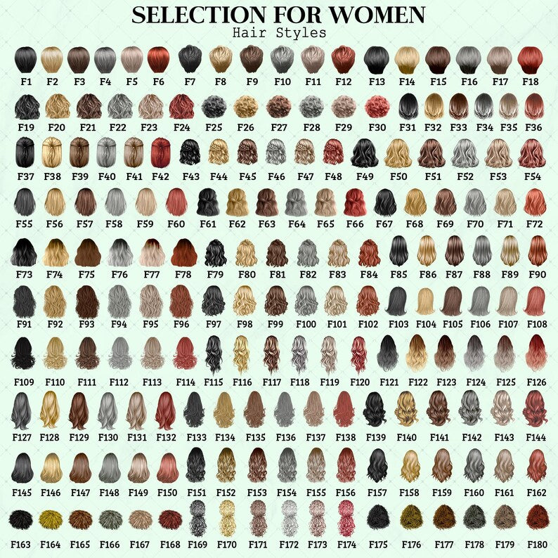 A selection of 180 different women's hair styles, each numbered and displayed as a small illustration. The styles range in color and length, from short bobs to long waves.