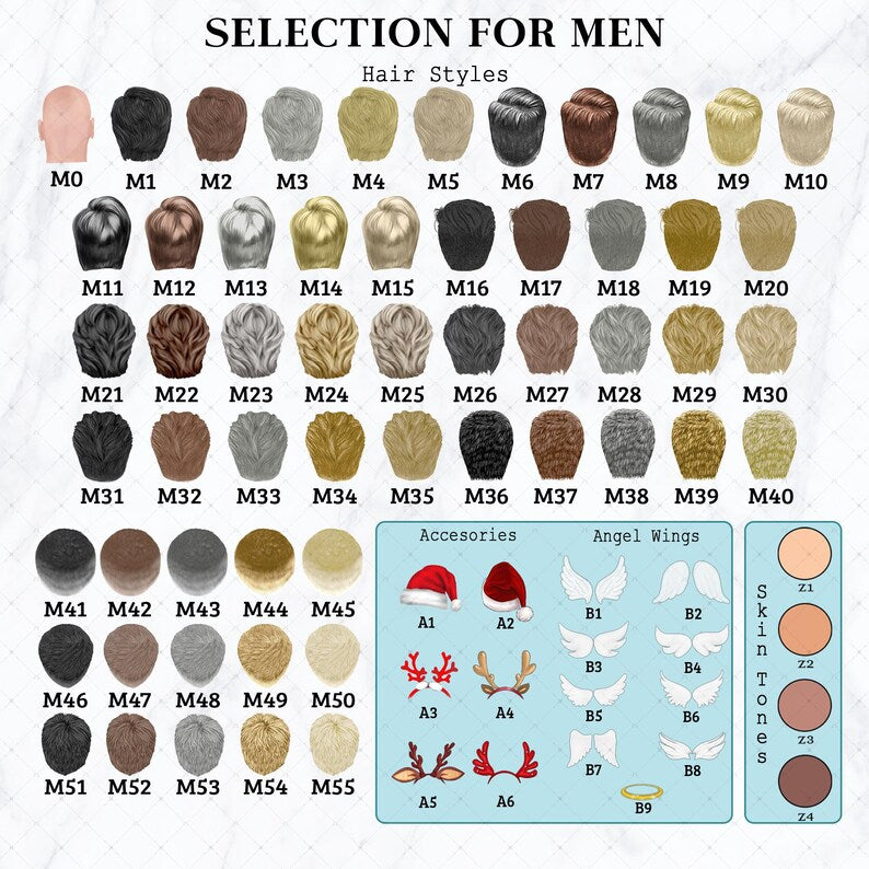 A digital chart titled SELECTION FOR MEN displaying various hair styles labeled M0 through M55, accessories labeled A1 through A6, angel wings labeled B1 through B8, a halo labeled B9, and four skin tones labeled Z1 through Z4.