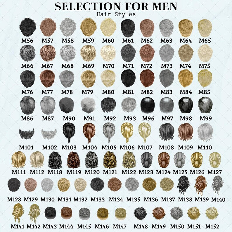 A digital chart titled SELECTION FOR MEN Hair Styles displaying a grid of various illustrated hair options. Each hairstyle is labeled with a code ranging from M56 to M152, showcasing diverse colors, lengths, and textures.