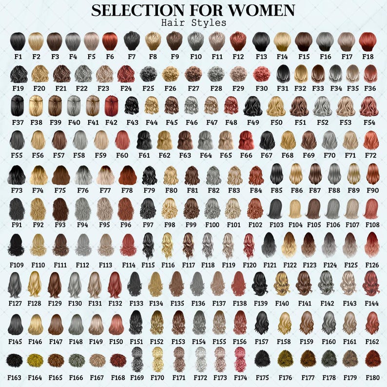 A digital chart titled SELECTION FOR WOMEN Hair Styles displaying 180 numbered illustrations of various female hairstyles in diverse colors, textures, and lengths, arranged in a grid format for selection purposes.