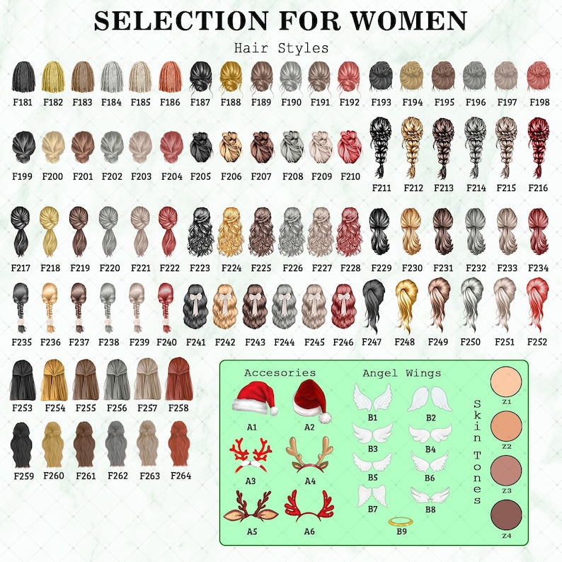 A digital chart titled SELECTION FOR WOMEN Hair Styles displaying numerous illustrated hairstyles labeled F181 through F264, plus a green box containing accessories, angel wings labeled B1-B8, a halo B9.