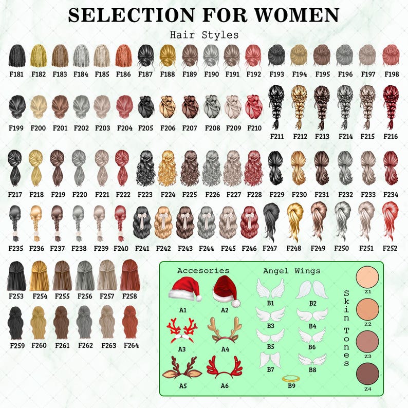 A digital chart titled SELECTION FOR WOMEN Hair Styles displaying numerous illustrated hairstyles labeled F181 through F264, plus a green box containing accessories, angel wings, and four skin tone circles labeled Z1 through Z4.