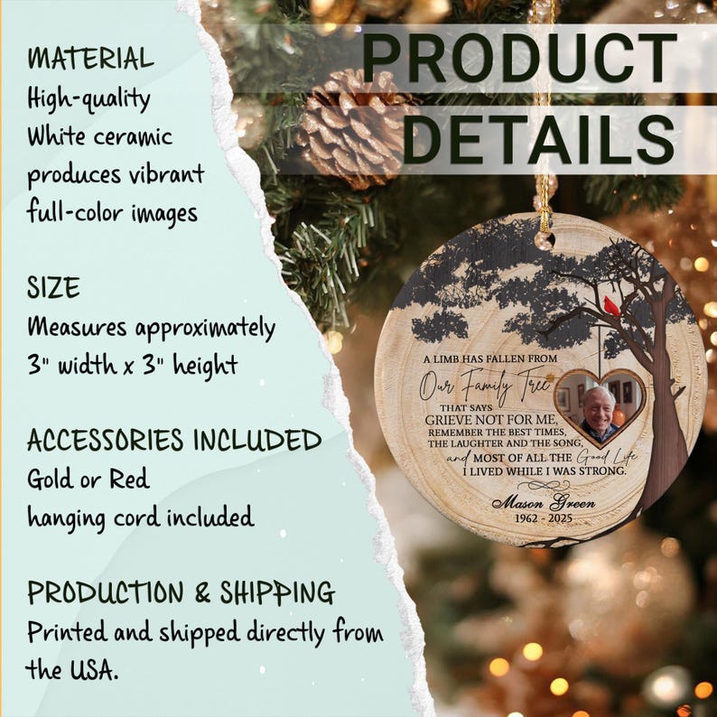A round white ceramic memorial ornament featuring a wood grain print, a tree illustration with a red cardinal, and a heart-shaped photo frame.
