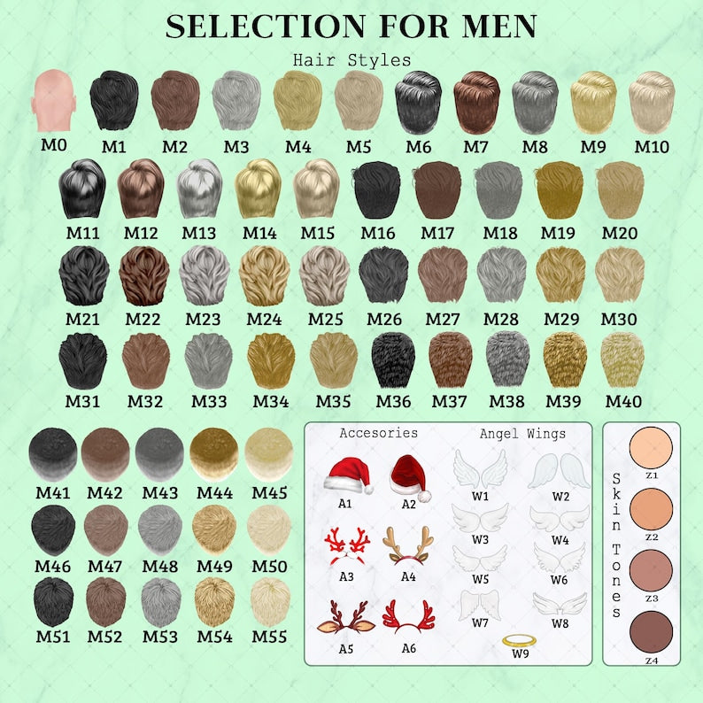 A digital chart titled SELECTION FOR MEN displaying various hair styles labeled M0 through M55, accessories labeled A1 through A6, angel wings labeled W1 through W9.