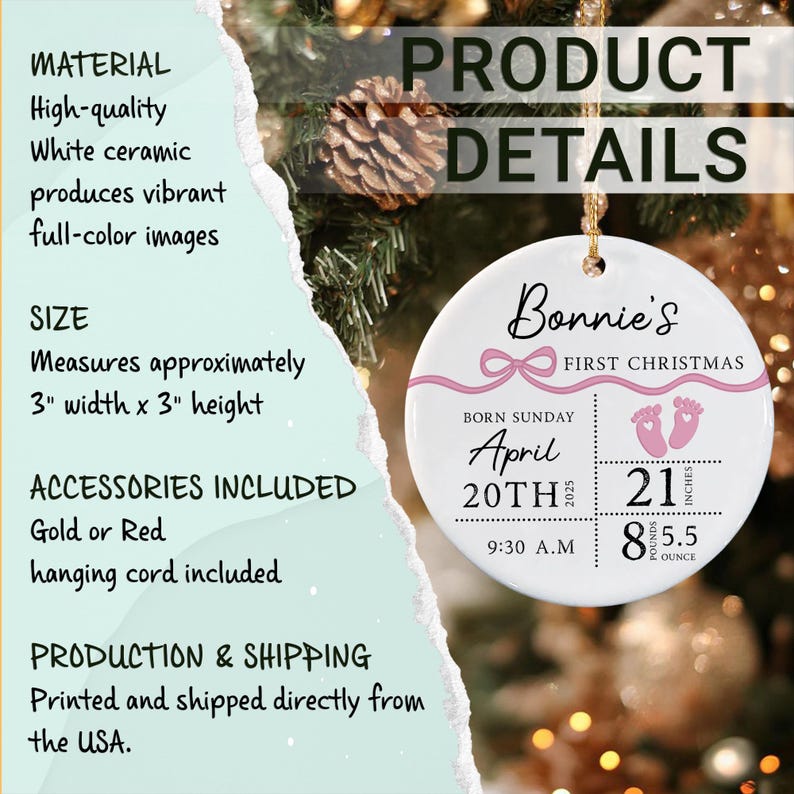 A round white ceramic ornament featuring the text Bonnie's FIRST CHRISTMAS, a pink bow, and baby footprint graphics.