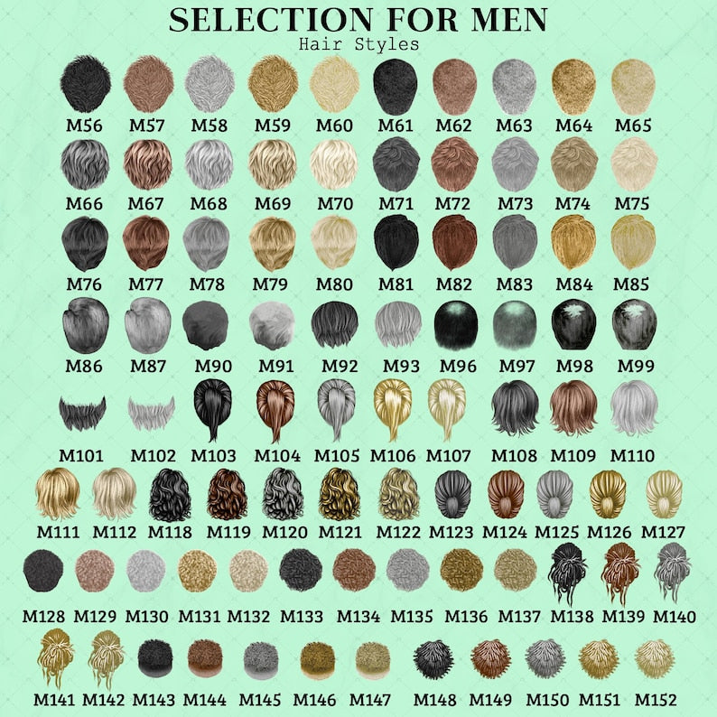 A digital chart titled SELECTION FOR MEN Hair Styles displaying a grid of various illustrated hair options in different colors, textures, and lengths, each labeled with a unique alphanumeric code ranging from M56 to M152.