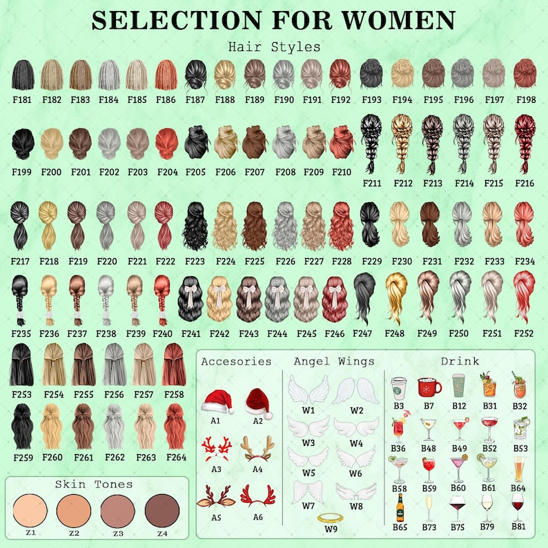 A digital chart titled SELECTION FOR WOMEN displaying various hair styles labeled F181 through F264, skin tones Z1 through Z4, accessories A1 through A6, angel wings W1 through W9.