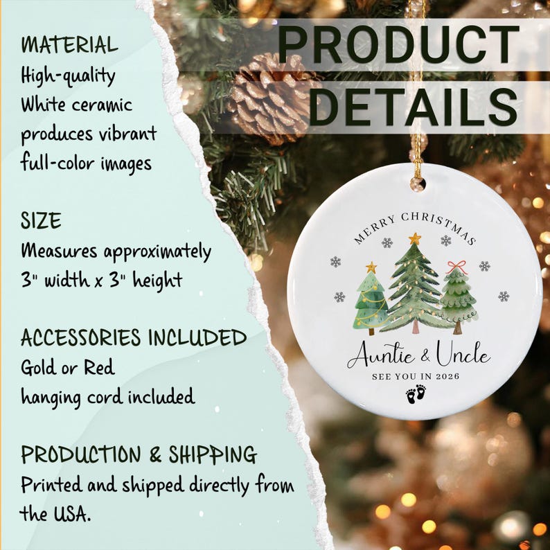 A round white ceramic Christmas ornament featuring three illustrated pine trees, the text Merry Christmas, Auntie & Uncle, and See You In 2026, with two small baby footprints.