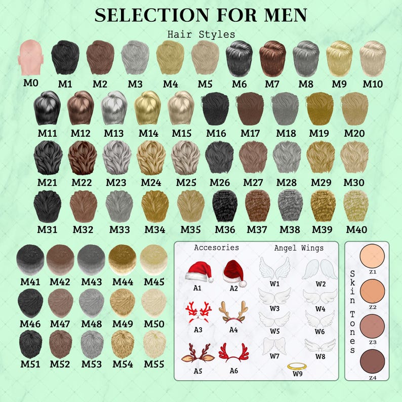 A customization chart titled SELECTION FOR MEN featuring various hair styles labeled M0 through M55, accessories labeled A1 through A6, angel wings labeled W1 through W9, and four skin tones labeled Z1 through Z4 in a grid layout.