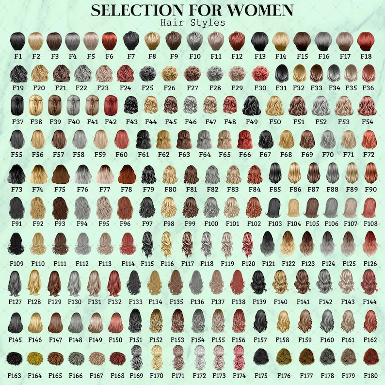 A digital chart titled SELECTION FOR WOMEN Hair Styles displaying 180 numbered illustrations of various hair colors, lengths, and textures, arranged in a grid on a light green background for customization purposes.