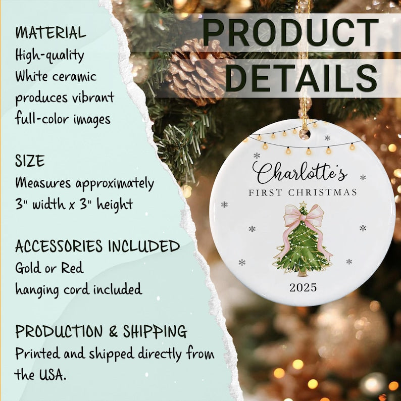 A round white ceramic ornament measuring 3 inches by 3 inches.