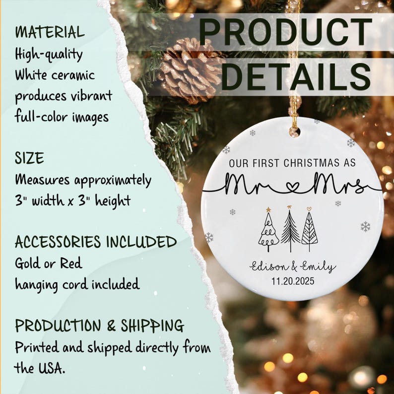 A round white ceramic ornament featuring the black text Our First Christmas as Mr & Mrs, three stylized Christmas trees, the names Edison & Emily, and the date 11.20.2025.