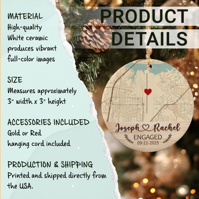 A round white ceramic ornament featuring a printed map with a red heart icon, the names Joseph and Rachel, the word ENGAGED, and the date 09-21-2025.