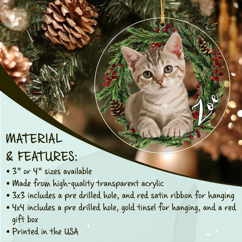 A round transparent acrylic Christmas ornament featuring a tabby kitten centered within a wreath of green pine needles, red berries, and small pinecones. The name Zoe is printed in white script on the right side of the wreath.