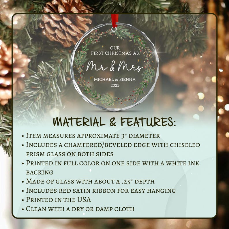 A circular glass Christmas ornament with a beveled edge, featuring a printed wreath design and the text 'OUR FIRST CHRISTMAS AS Mr & Mrs MICHAEL & SIENNA 2025'.