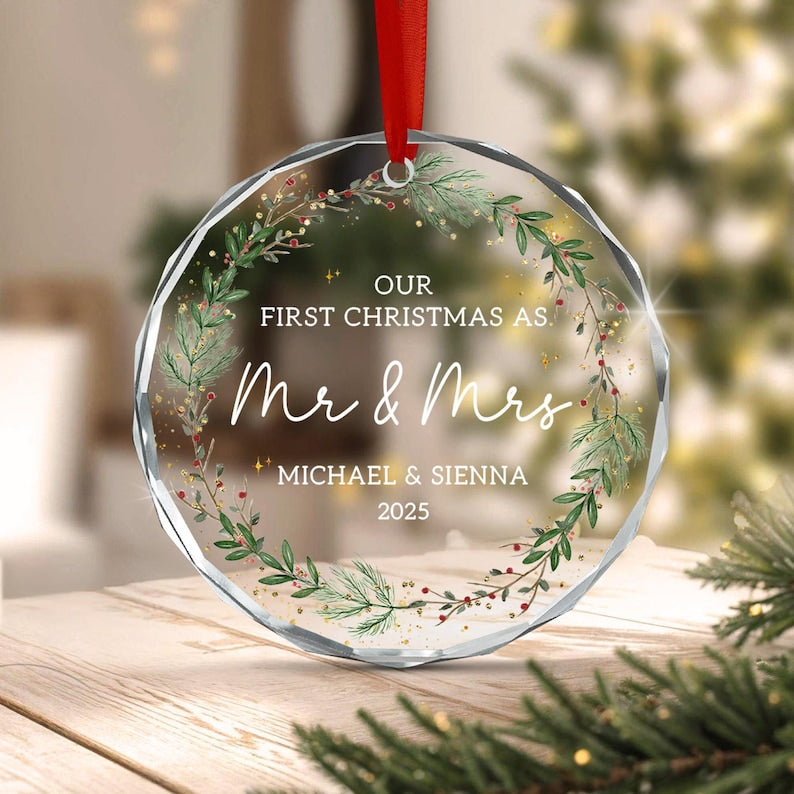 Mr & Mrs Wreath Glass Christmas Ornament