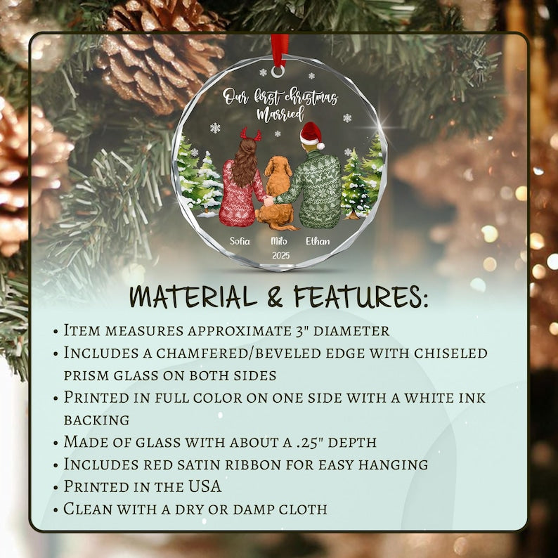 Newlywed Couple & Dog Christmas Ornament