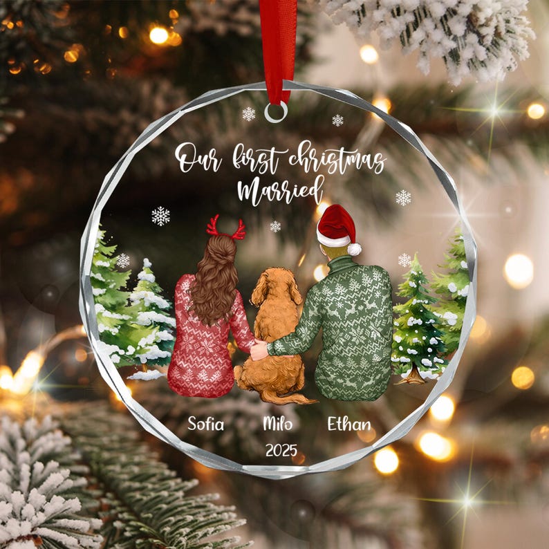 Newlywed Couple & Dog Christmas Ornament