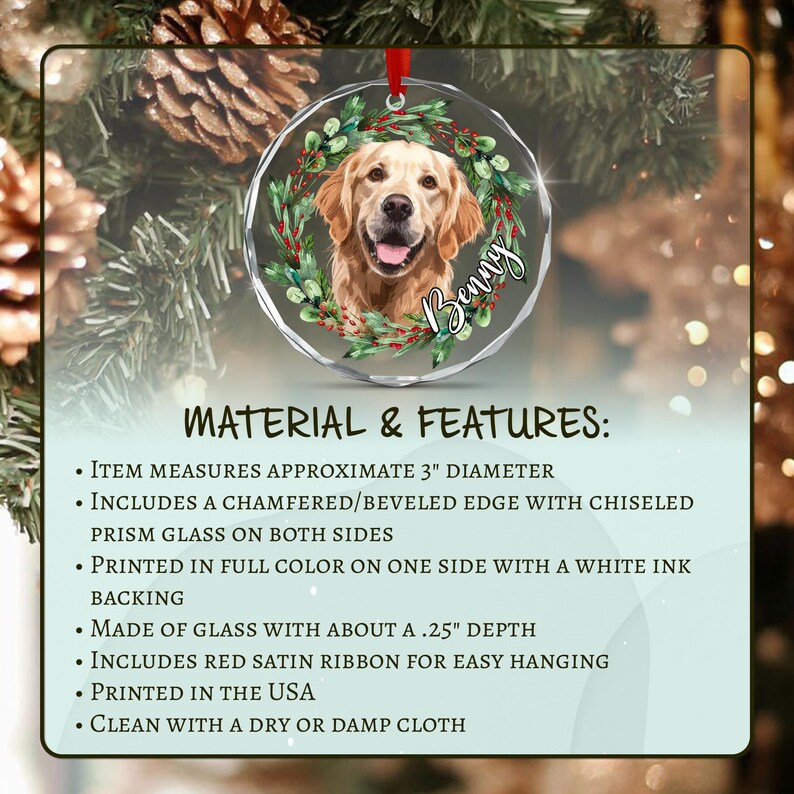 A circular glass ornament featuring a golden retriever illustration inside a green wreath with red berries and the name Benny. It has a beveled edge, a red satin ribbon, and measures 3 inches in diameter with a 0.25 inch depth.