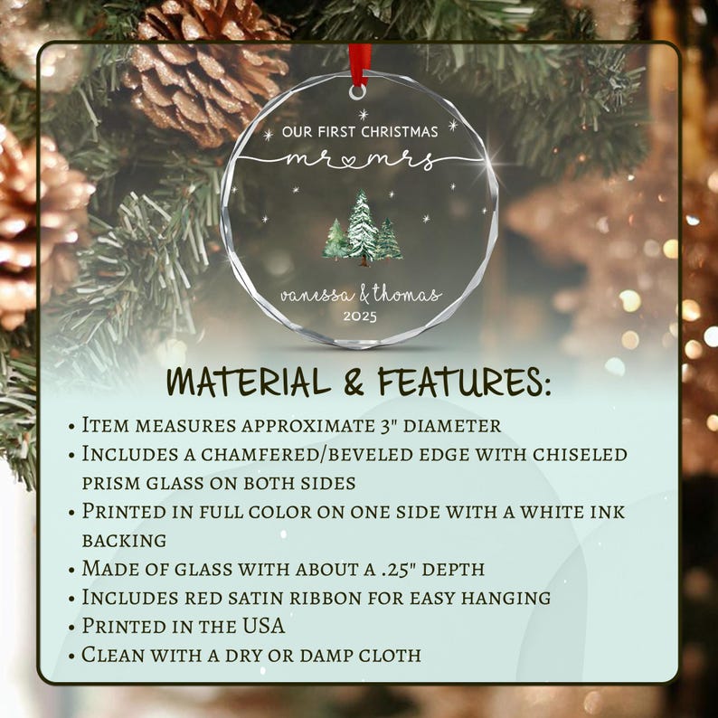 A circular glass ornament with a beveled edge and red ribbon. It features the text "OUR FIRST CHRISTMAS mr & mrs", "vanessa & thomas", and "2025" with a printed pine tree graphic.