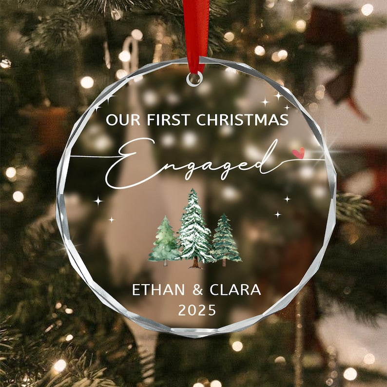 Engaged Couple First Christmas Glass Ornament