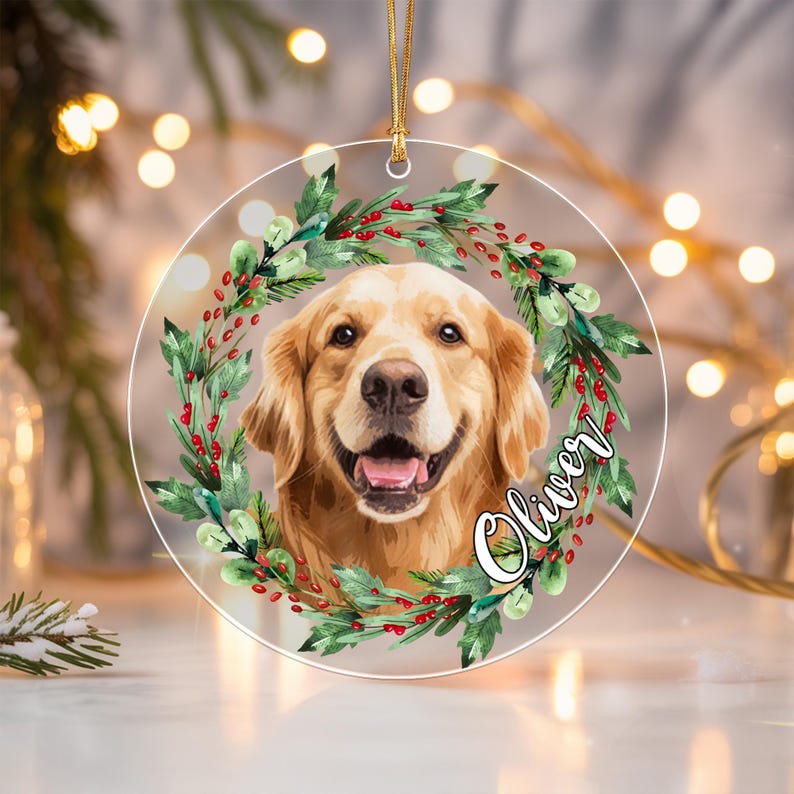 A circular clear acrylic ornament featuring a golden retriever portrait surrounded by a green holly wreath with red berries. The name Oliver is printed in white script on the right side.