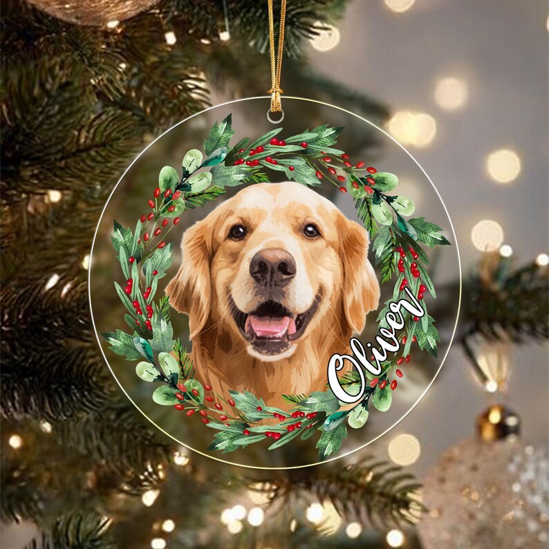 A round, clear acrylic ornament featuring a golden retriever portrait framed by a green wreath with red berries. The name Oliver is printed in white script on the right side. A gold cord is attached to the top for hanging.