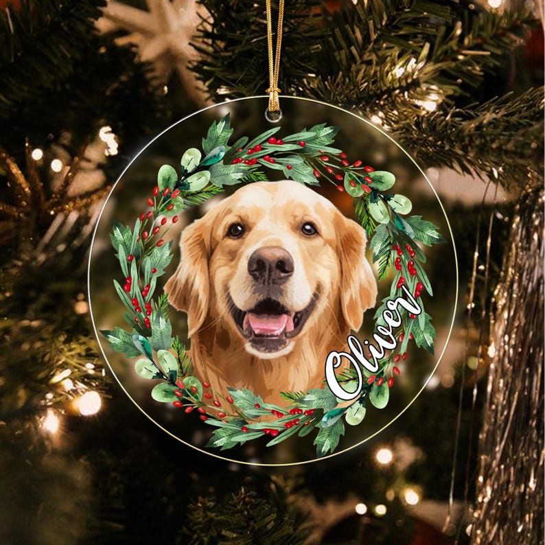 Dog Watercolor Wreath Photo Christmas Ornament