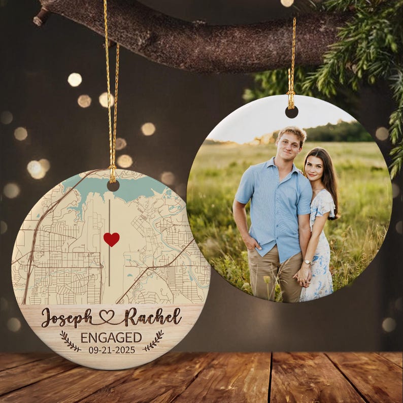 Vintage Map Engagement Christmas Ornament