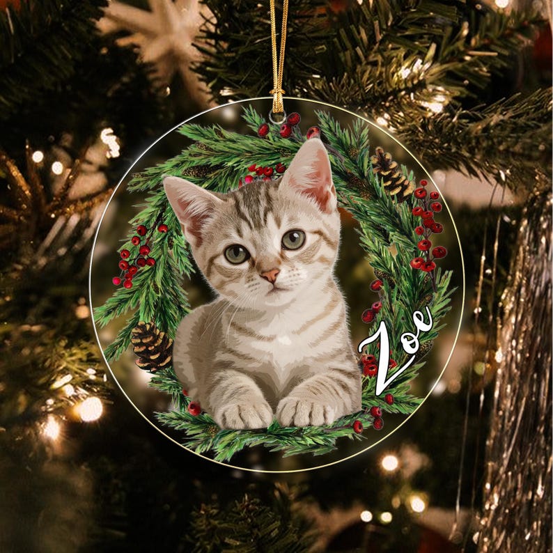 A round Christmas ornament featuring a gray tabby kitten centered within a wreath of green pine needles, red berries, and brown pinecones. The name Zoe is written in white cursive script on the right side of the wreath.