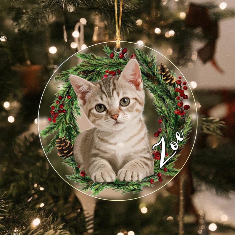 A round, clear acrylic Christmas ornament featuring a printed illustration of a light brown tabby kitten centered within a festive wreath of green pine needles, red berries, and pinecones, with the name Zoe written in white.