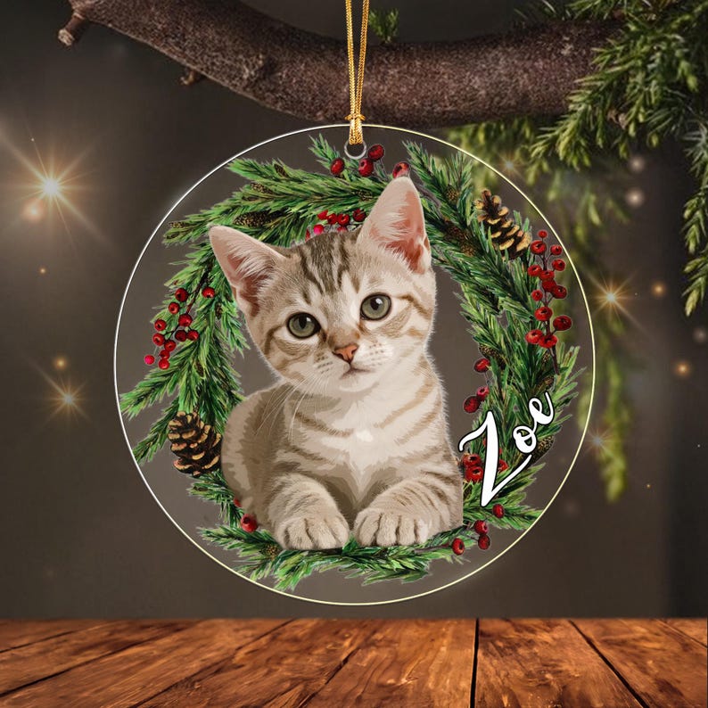 A round, clear hanging ornament featuring a graphic of a light brown tabby kitten centered within a green pine wreath decorated with red berries and pinecones. The name Zoe is printed in white script on the right side.