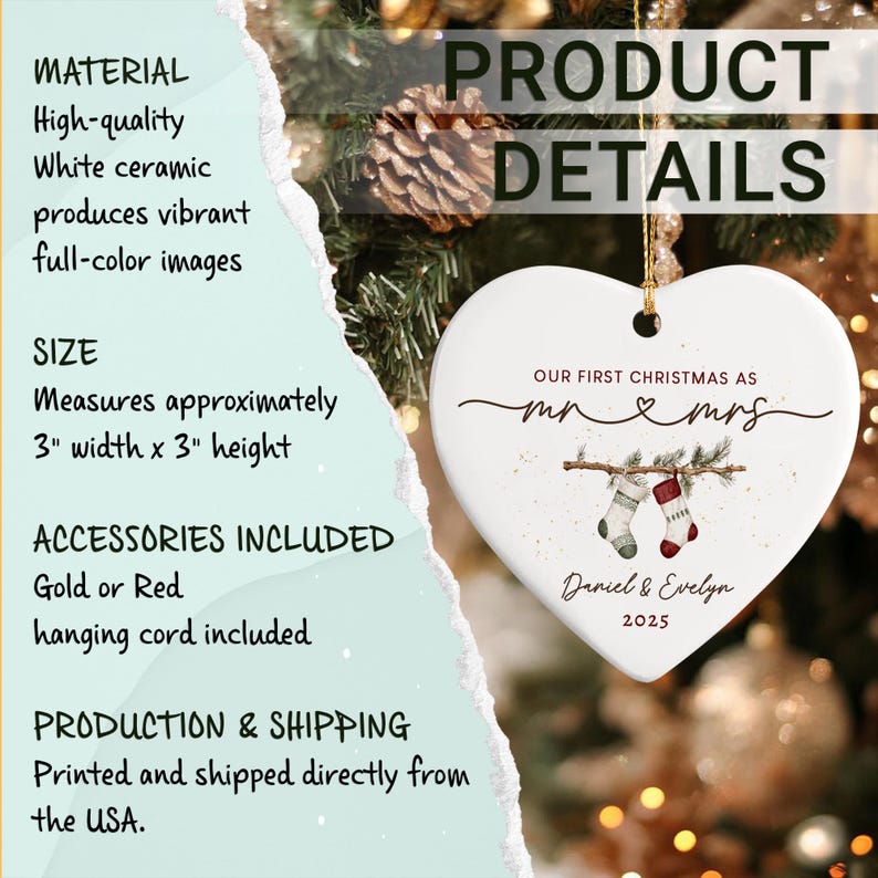A white heart-shaped ceramic ornament featuring the text Our First Christmas as Mr & Mrs, Daniel & Evelyn, and 2025. The design includes a branch with two hanging stockings.