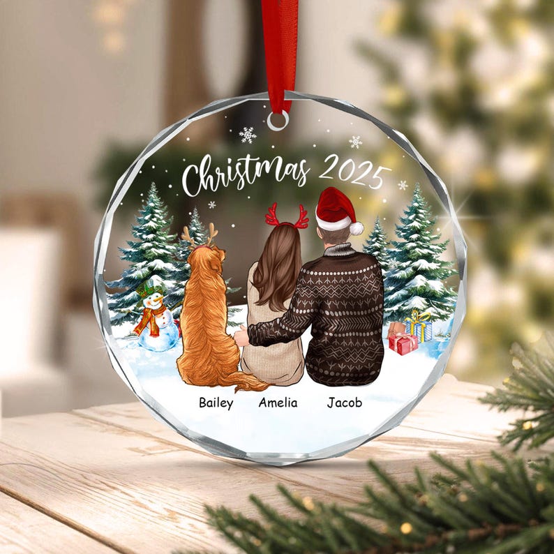 Couple & Dog Christmas Glass Ornament