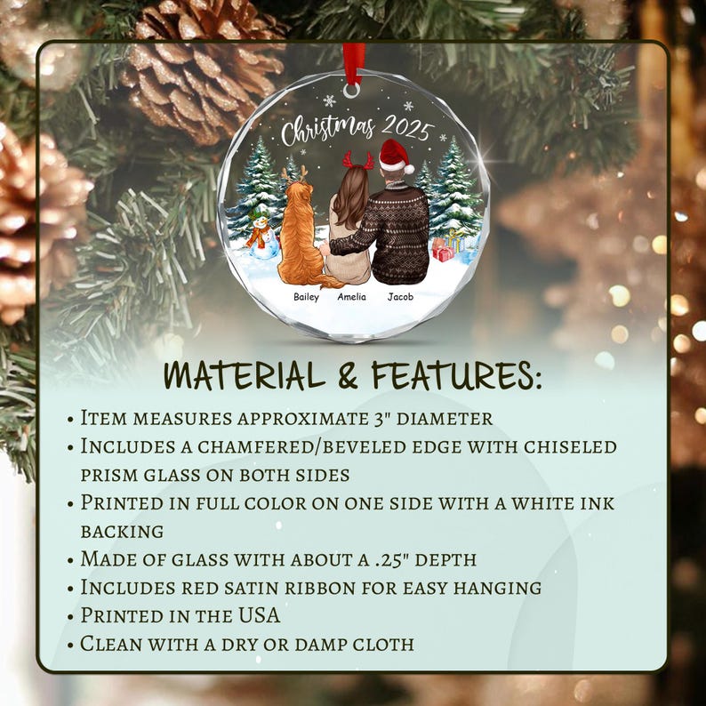 Couple & Dog Christmas Glass Ornament
