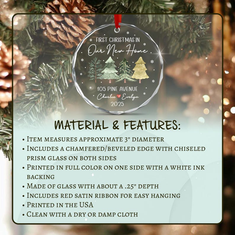 A circular glass Christmas ornament with a beveled edge and a 3-inch diameter.