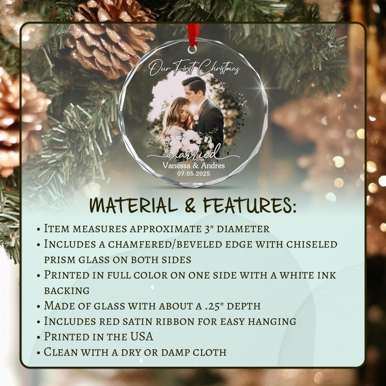 A circular glass ornament with a beveled edge and a red ribbon. It features a printed photograph of a couple with the text Our First Christmas, Vanessa & Andres, and 07.05.2025.