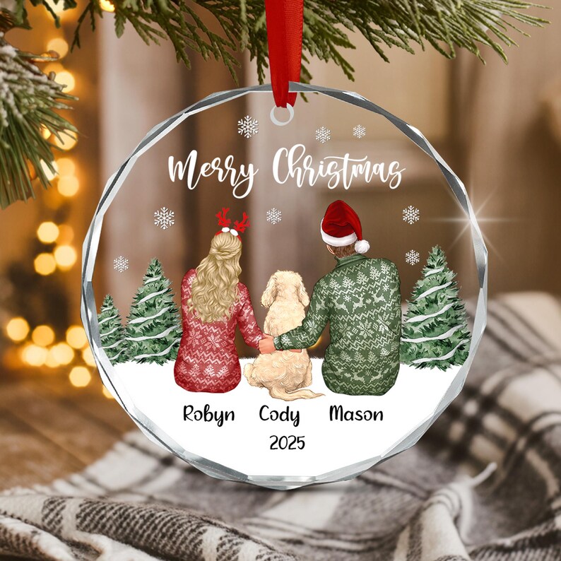 Couple & Dog Name Crystal Glass Ornament