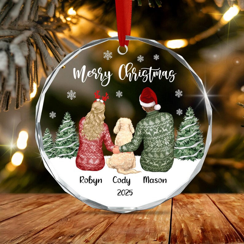 Couple & Dog Name Crystal Glass Ornament